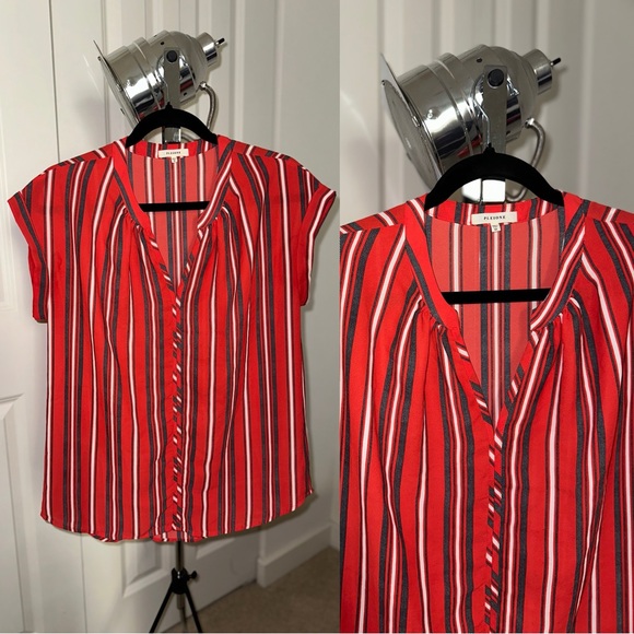 Nordstrom Blouse Pleione Red Grey Stripe detail with Short Sleve like New - Picture 4 of 11